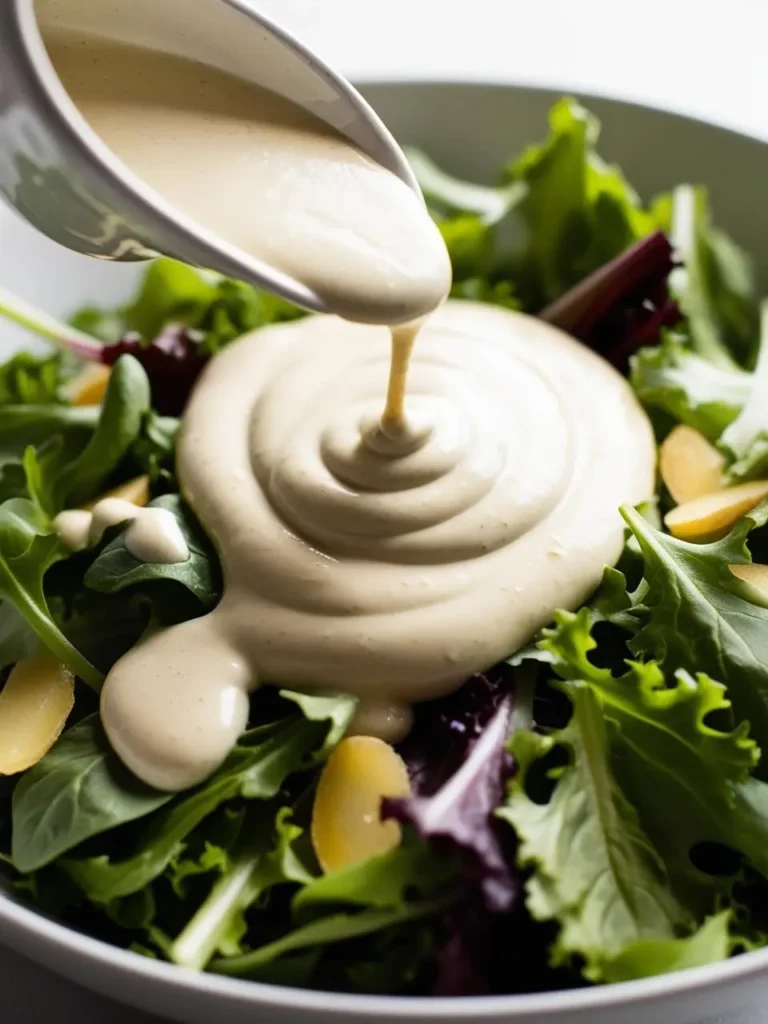 A creamy white dressing is being poured onto a bowl of mixed greens and sliced almonds. The dressing is creating a beautiful swirl pattern on top of the salad.