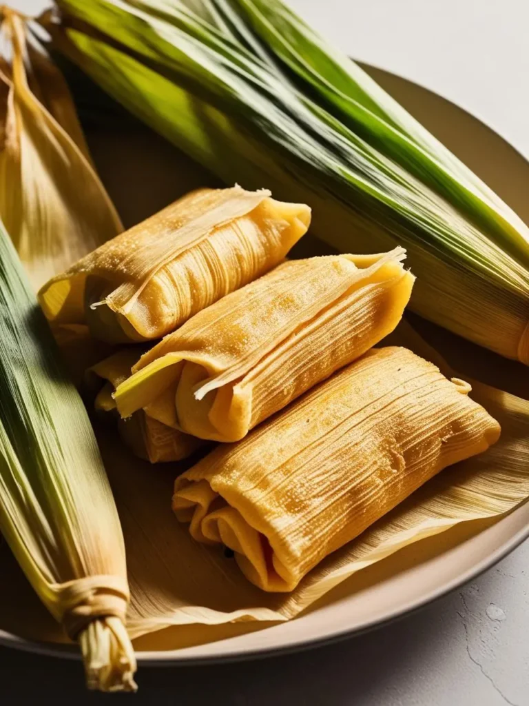 Four golden-brown tamales wrapped in corn husks, resting on a plate with additional husks. The tamales look delicious and ready to be enjoyed.