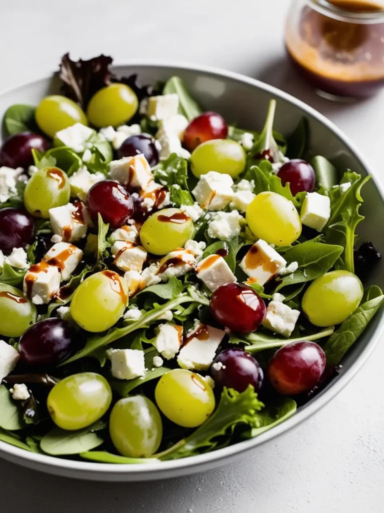 A bowl of fresh salad with mixed greens, red and green grapes, feta cheese, and a drizzle of balsamic glaze. The salad looks light, refreshing, and perfect for a healthy lunch.