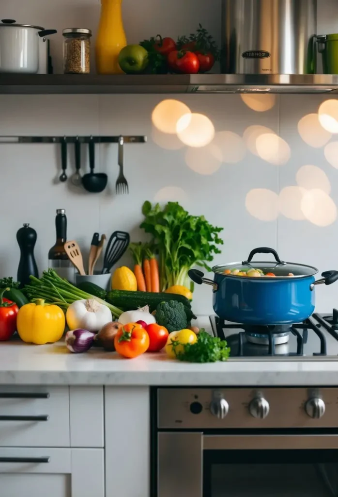 A variety of fresh ingredients and cooking tools arranged on a kitchen counter, with a pot simmering on the stove