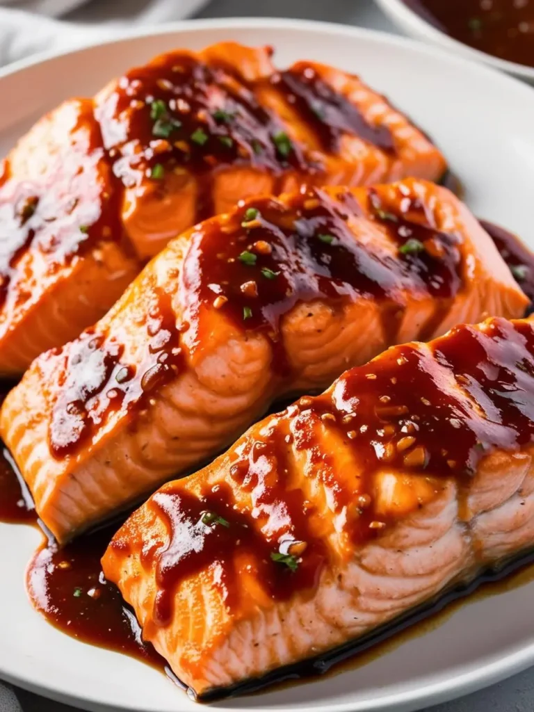 Three golden-brown salmon fillets are glazed with a rich, flavorful sauce and garnished with chopped chives. The salmon looks incredibly appetizing and ready to be enjoyed.