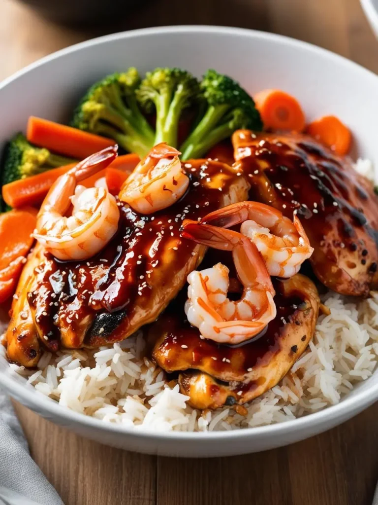 A bowl of teriyaki chicken and shrimp served over a bed of white rice with a side of steamed broccoli and carrots. The dish looks delicious and flavorful, with the chicken and shrimp glazed in a rich, sticky sauce.