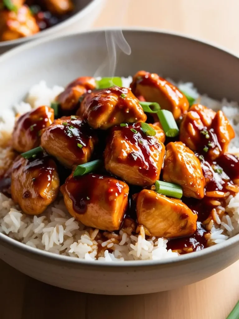 A bowl of steaming hot bourbon chicken served over a bed of white rice. The chicken is coated in a rich, sticky sauce and garnished with green onions. The dish looks incredibly appetizing and flavorful.