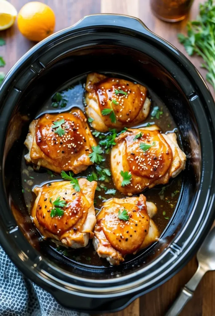 Teriyaki chicken thighs simmering in a crockpot with savory sauce and aromatic herbs