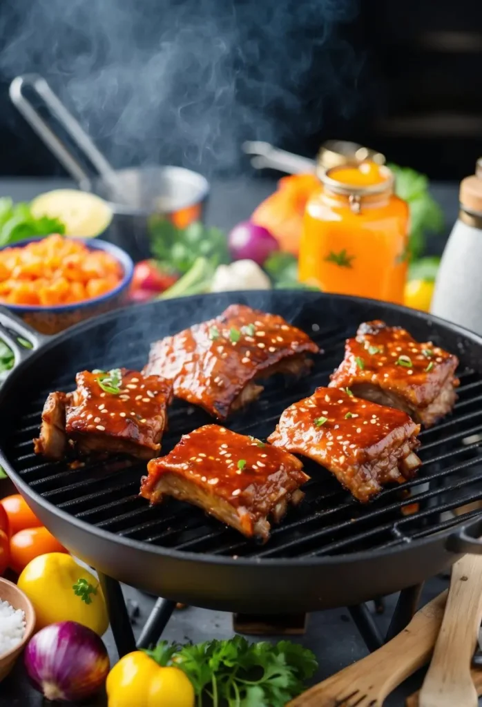 A sizzling grill with teriyaki-glazed short ribs, surrounded by vibrant ingredients and cooking utensils