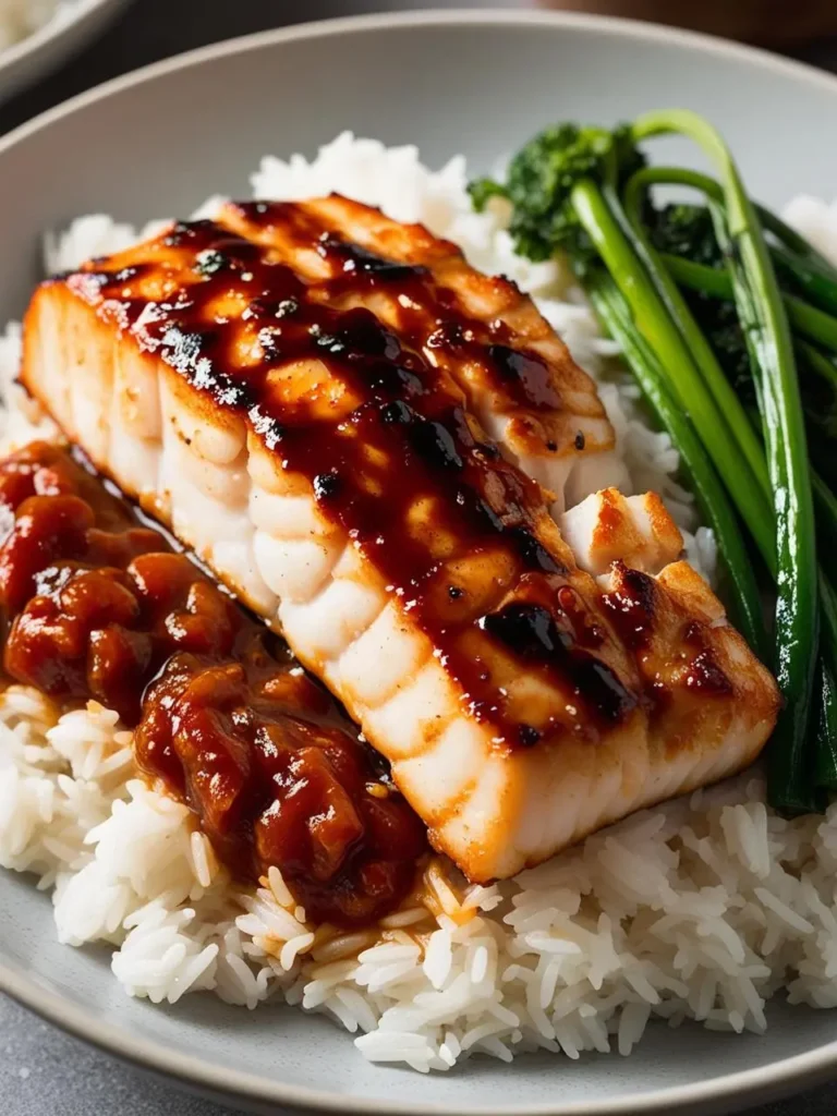 A plate of grilled cod glazed with a dark, glossy sauce. The fish is served on a bed of white rice with a side of steamed broccoli. The sauce appears to be a sweet and savory glaze.