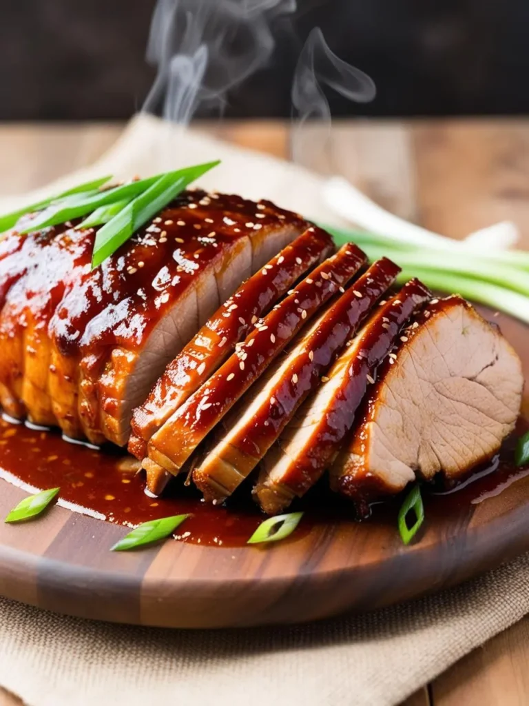 A juicy pork loin glazed with a sweet and savory sauce, sliced on a wooden platter. The meat is topped with sesame seeds and green onions.