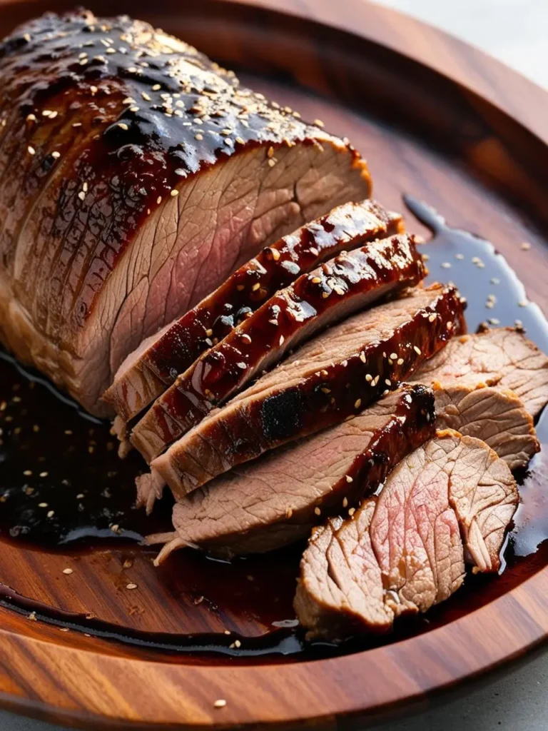 A perfectly roasted pork loin, sliced and served on a wooden platter. The pork is glazed with a sweet and savory sauce and sprinkled with sesame seeds. The meat looks juicy and tender, and the sauce adds a delicious flavor.