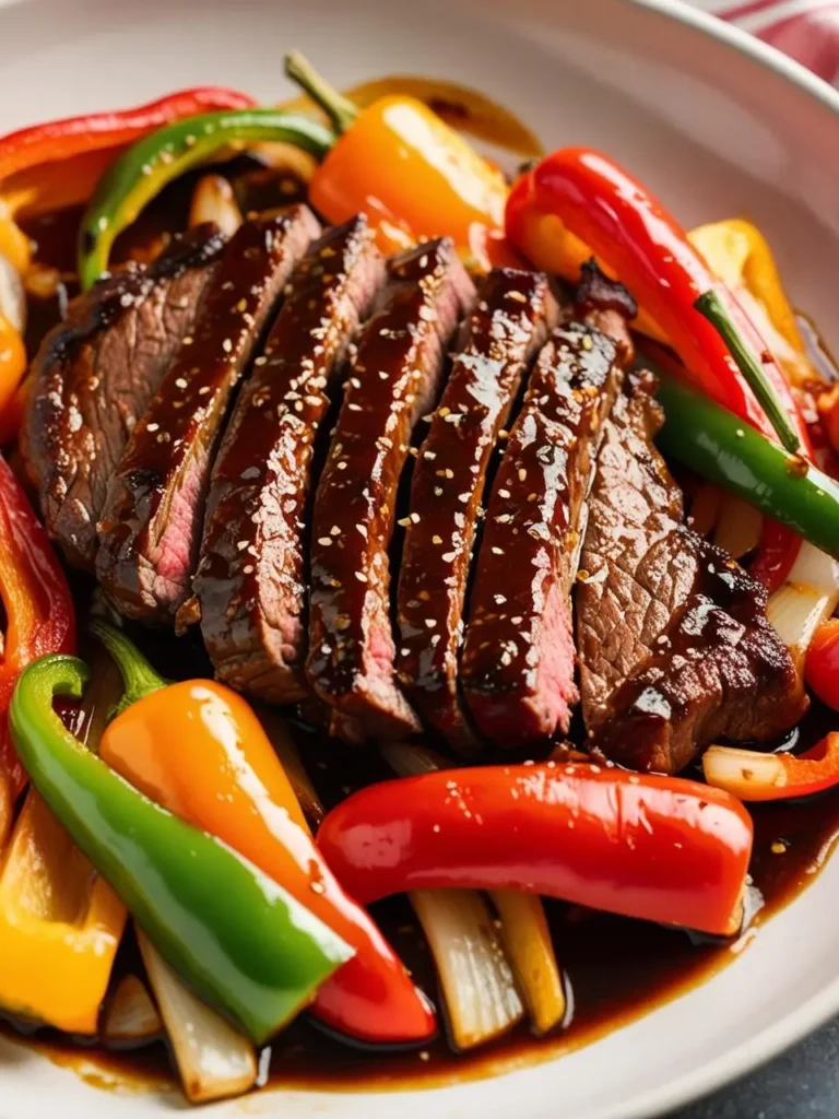 A juicy steak, sliced and topped with a teriyaki sauce and sesame seeds. The steak is served on a bed of colorful bell peppers.