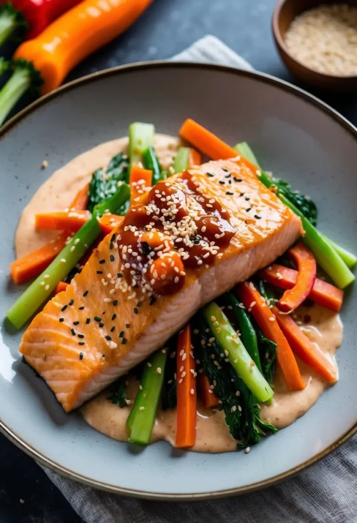 A plate of teriyaki salmon with sriracha cream sauce, surrounded by colorful vegetables and garnished with sesame seeds