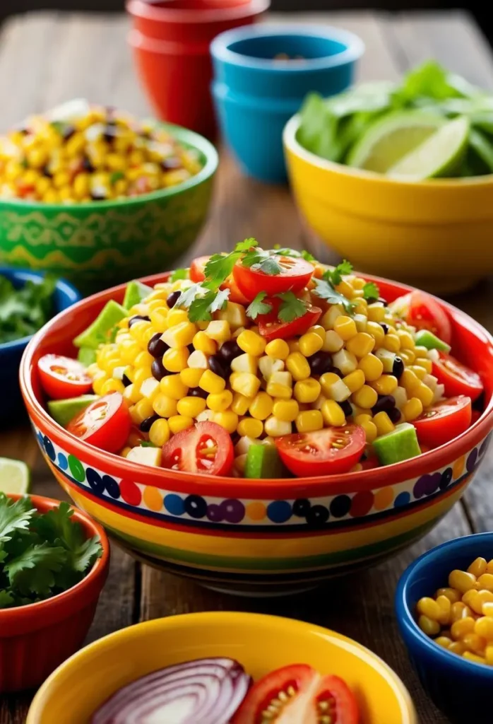 A vibrant bowl of Tex-Mex corn and tomato salad, with colorful ingredients arranged in an appealing display