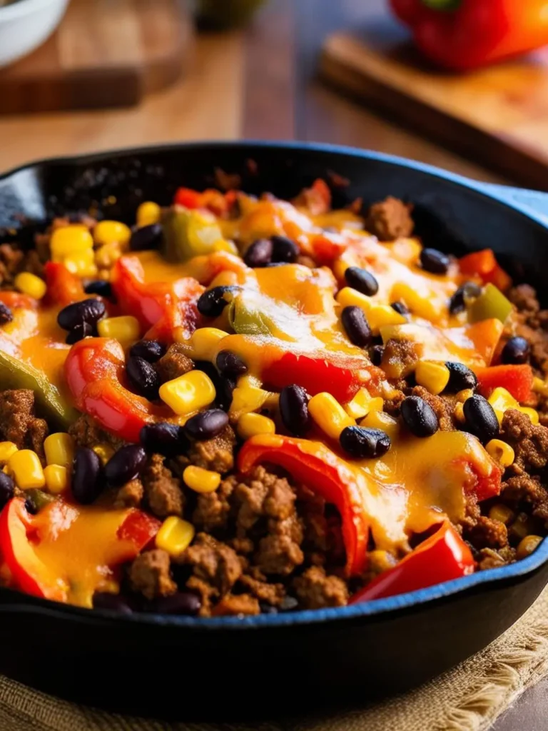 A sizzling skillet filled with a hearty Mexican-inspired dish. Ground beef, black beans, corn, and bell peppers are topped with melted cheese, creating a mouthwatering casserole perfect for a cozy meal.