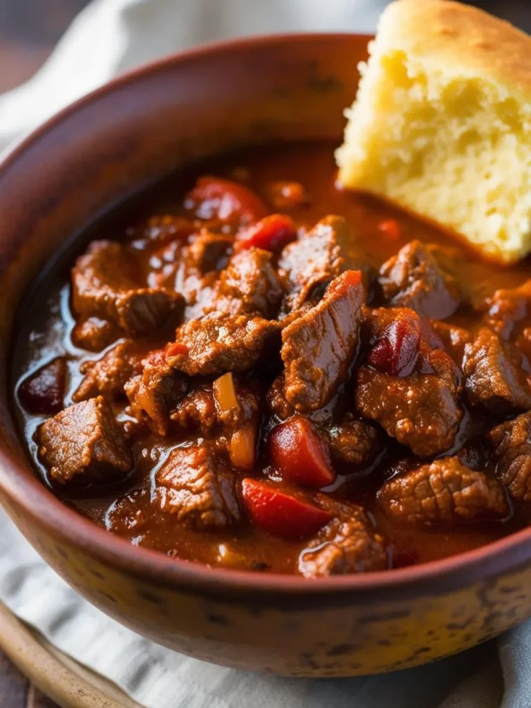 A bowl of hearty beef chili with chunks of tender beef and a hint of spice, served with a piece of warm cornbread.