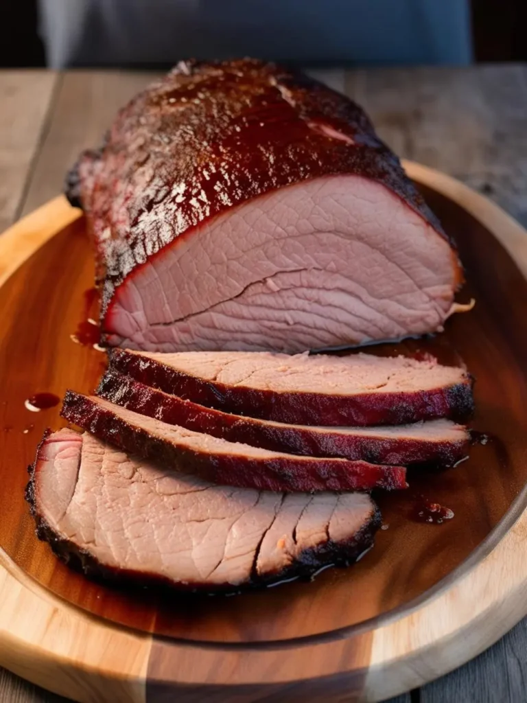 A close-up of a smoked pork shoulder, sliced on a wooden board, with a dark brown crust and a hint of smoke.