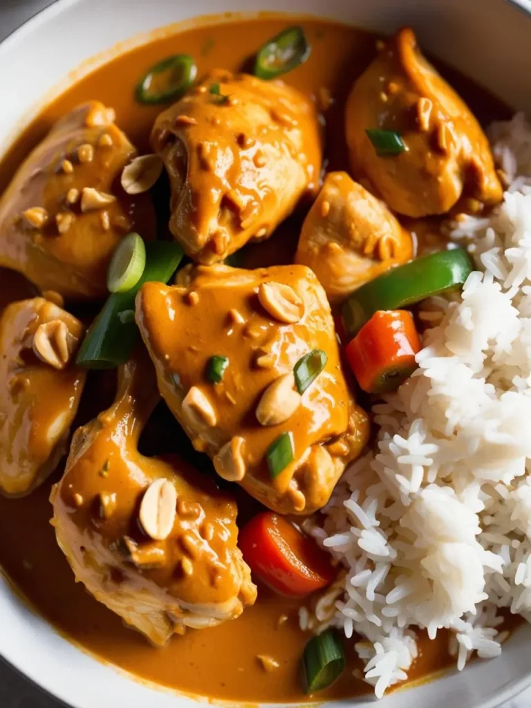 A bowl of peanut butter chicken curry with rice. The chicken is coated in a creamy, peanut-based sauce and garnished with peanuts and green onions. The dish looks incredibly appetizing and flavorful.