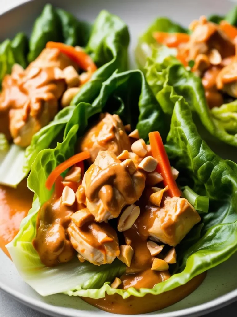 Lettuce wraps filled with chicken, drizzled with a peanut sauce, and topped with chopped peanuts. The wraps look delicious and flavorful.