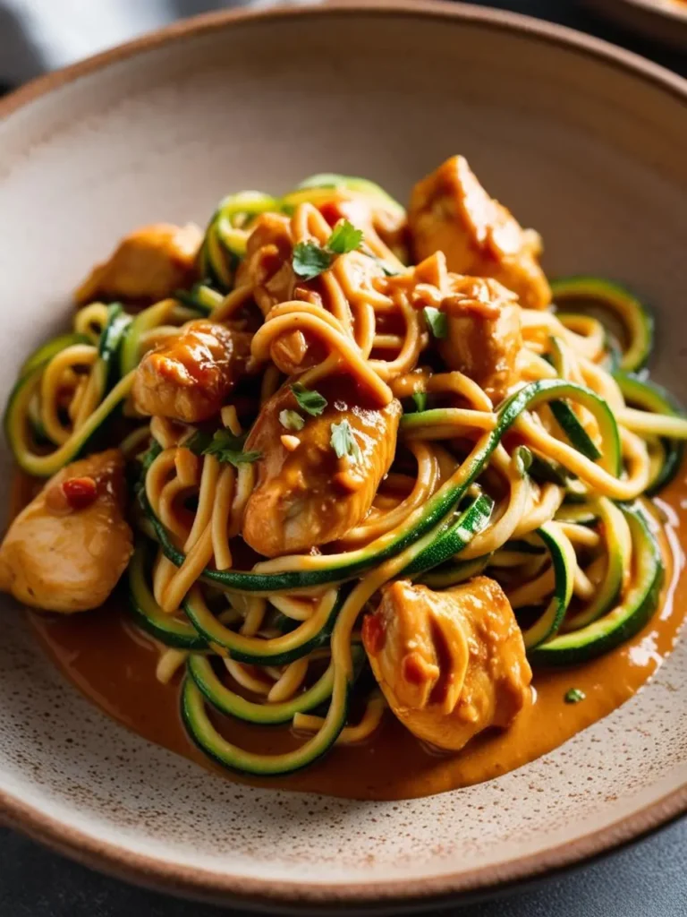 A plate of zucchini noodles with chicken in a peanut sauce.