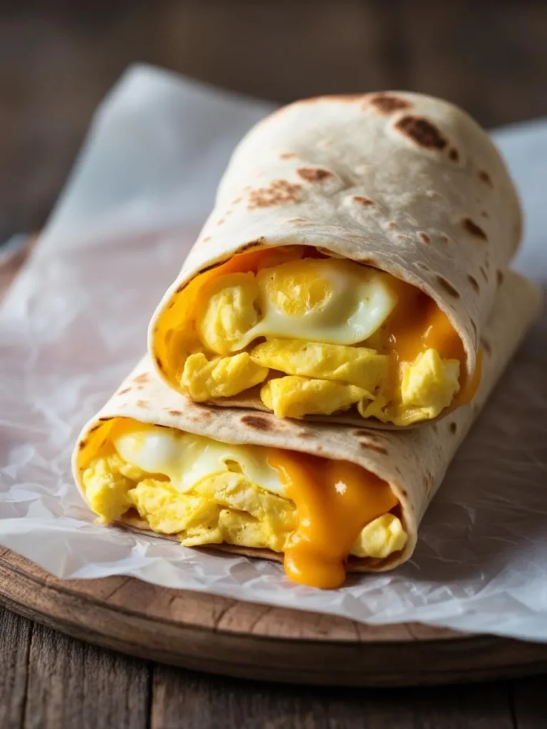 A close-up image of a delicious breakfast burrito cut in half, revealing a filling of scrambled eggs and melted cheese. The burrito is wrapped in a warm tortilla and placed on a wooden board with parchment paper.