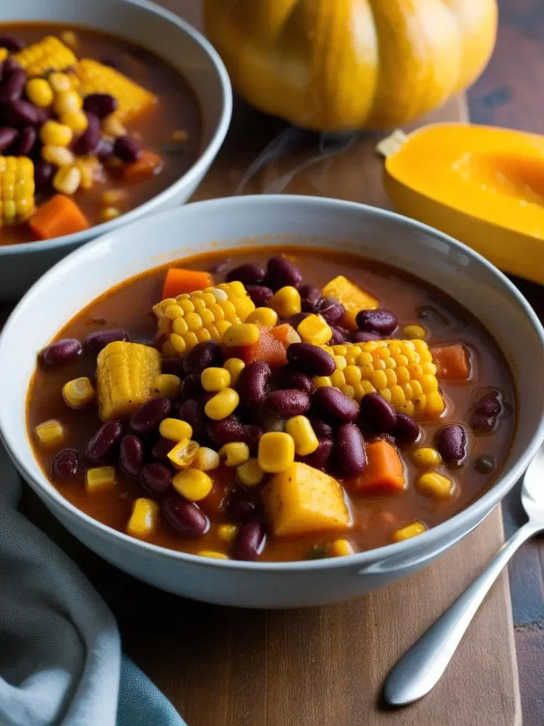 A warm bowl of Three Sisters Stew, a traditional Native American dish, featuring colorful ingredients like corn on the cob pieces, kidney beans, diced squash, and carrots in a rich broth. The stew is served in a white bowl, with another bowl in the background. A yellow squash and a partially cut pumpkin are visible behind the bowls, adding a rustic touch. A spoon rests beside the bowl, enhancing the cozy presentation of this hearty, vegetable-rich stew.