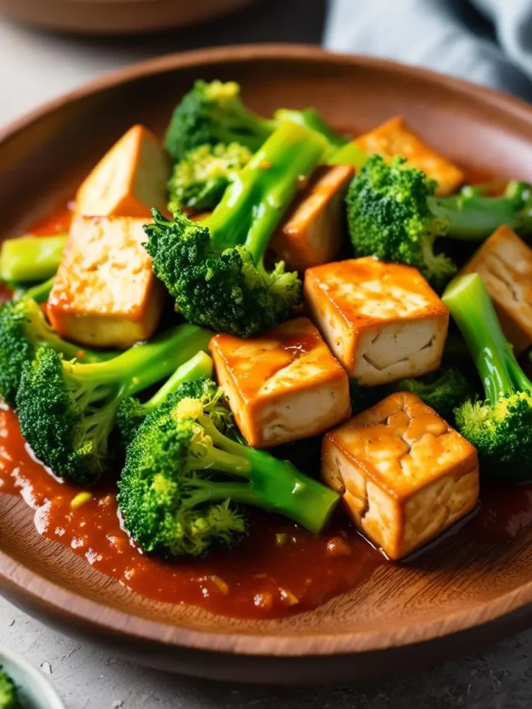 A plate of tofu and broccoli stir-fry with a sweet and savory sauce.