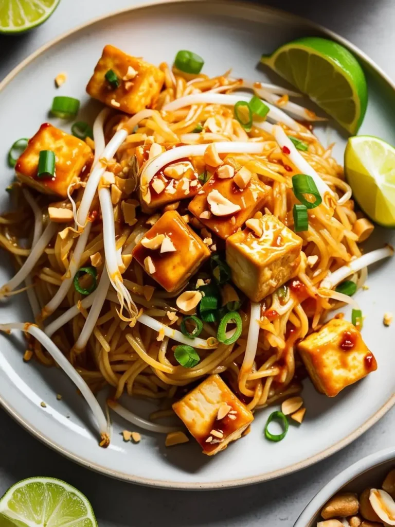 A plate of vegan pad thai with tofu, bean sprouts, and peanuts.