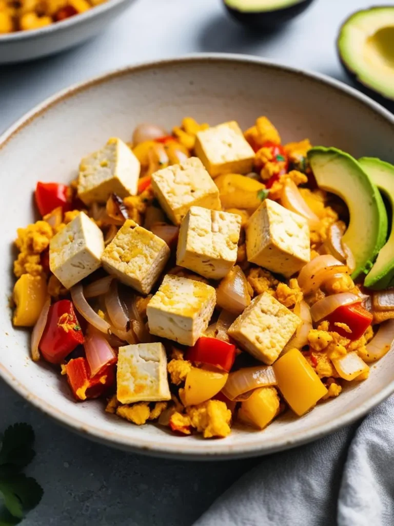 A colorful breakfast bowl filled with tofu scramble, avocado, tomatoes, and greens, surrounded by a variety of ingredients and kitchen utensils