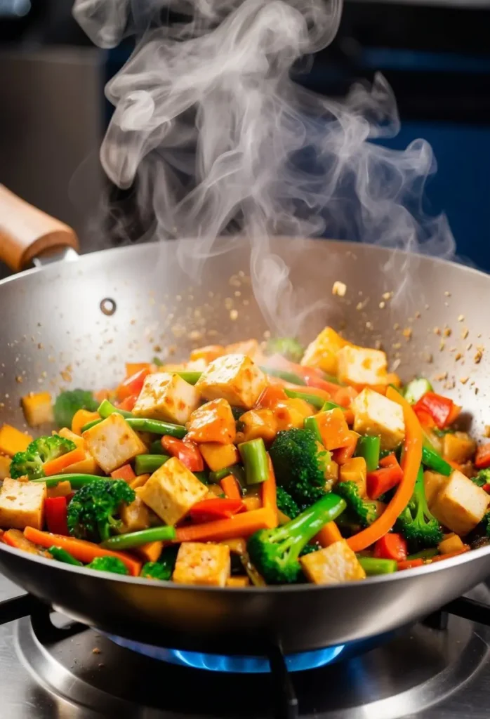 A sizzling wok filled with colorful stir-fried vegetables and cubes of tofu, steam rising and the aroma of savory sauce filling the air