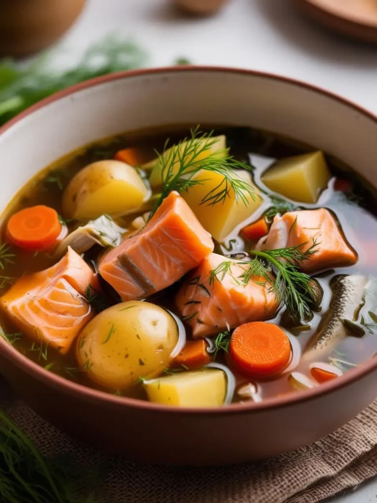 Close-up of a bowl of fish soup featuring tender salmon chunks, whole baby potatoes, and sliced carrots in a clear, herb-infused broth. Garnished with fresh dill, this wholesome dish offers a comforting blend of flavors, perfect for a nourishing meal.