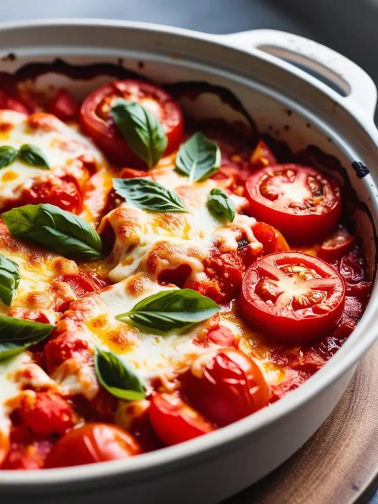 A colorful array of sliced tomatoes, chunks of mozzarella, and fresh basil leaves layered in a baking dish, ready to be baked into a delicious casserole