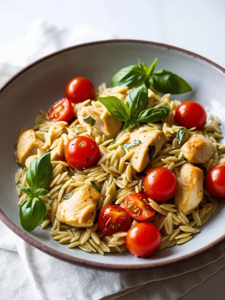 A steaming bowl of tomato basil orzo with chicken, surrounded by fresh basil leaves and cherry tomatoes