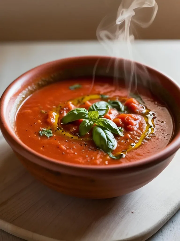 A plate of simmering tomato basil soup decorated by fresh basil leaves on a wooden cutting board