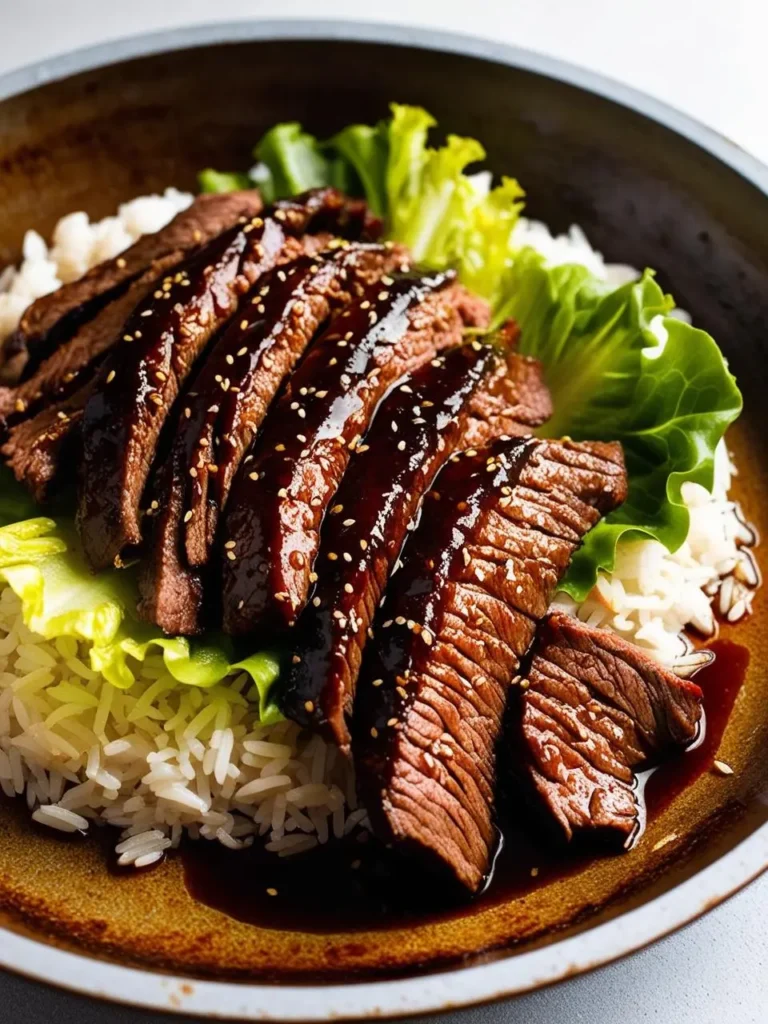 Close-up of a traditional Korean bulgogi dish served over a bed of steamed rice with crisp lettuce leaves. The marinated beef is sliced into tender pieces, glazed with a rich, shiny sauce, and topped with sesame seeds for garnish, showcasing the dish’s savory and appetizing appearance