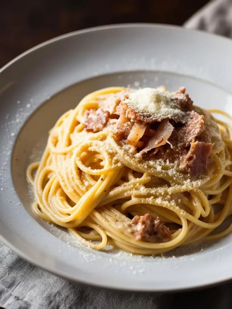 A steaming plate of traditional Roman Carbonara with eggs, pancetta, and cheese, garnished with black pepper