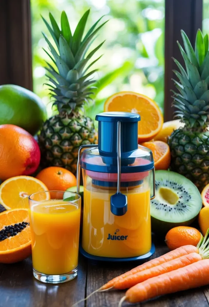 A vibrant array of tropical fruits and fresh carrots arranged around a juicer, with a glass of bright orange juice in the foreground