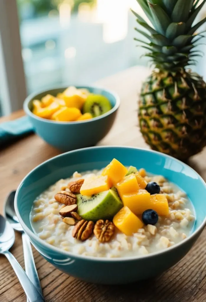 A breakfast bowl filled with coconut oatmeal topped with fresh tropical fruits and nuts on a wooden table