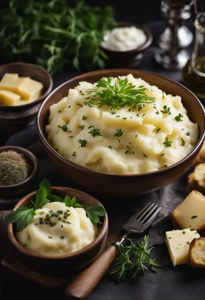 A bowl of creamy mashed potatoes drizzled with truffle oil, surrounded by ingredients like potatoes, butter, and herbs