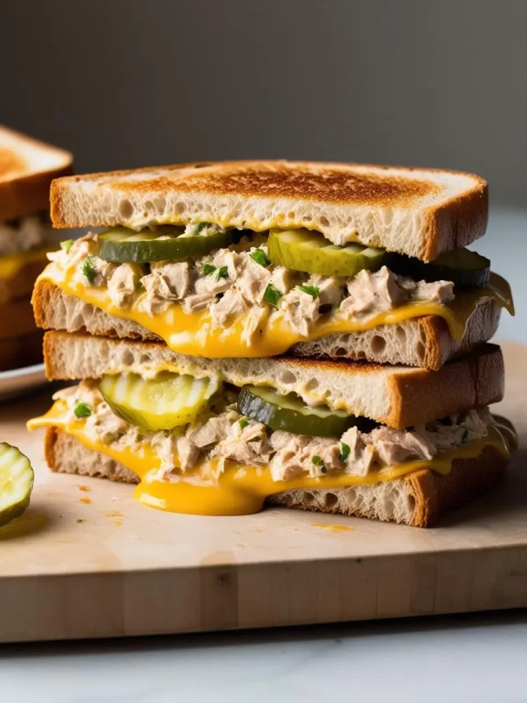 Stacked tuna melt sandwich with melted cheese and pickles on a wooden board