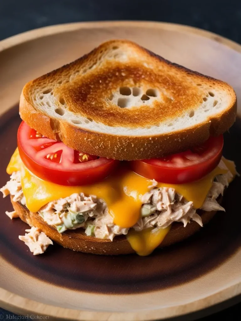 A tuna melt sandwich with melted cheese and sliced tomato on a golden-brown grilled bread