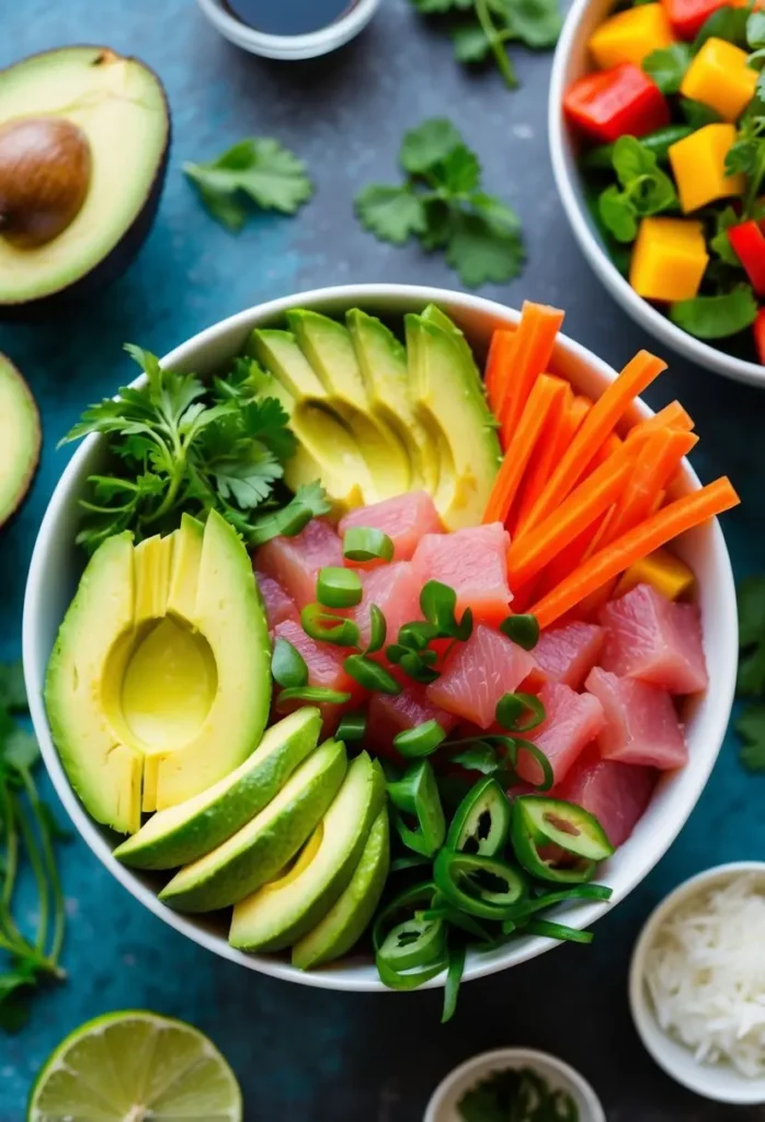 A colorful array of fresh tuna, avocado, and vegetables arranged in a vibrant poke bowl