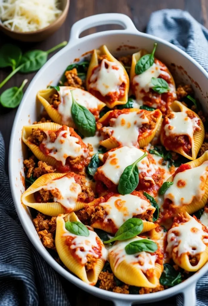 A baking dish filled with stuffed pasta shells, topped with tomato sauce and melted cheese, surrounded by fresh spinach and ground turkey