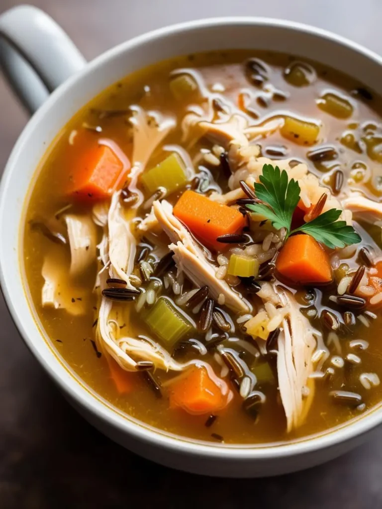 A bowl of hearty chicken and wild rice soup with carrots, celery, and parsley. The soup looks warm and comforting, perfect for a cold day.