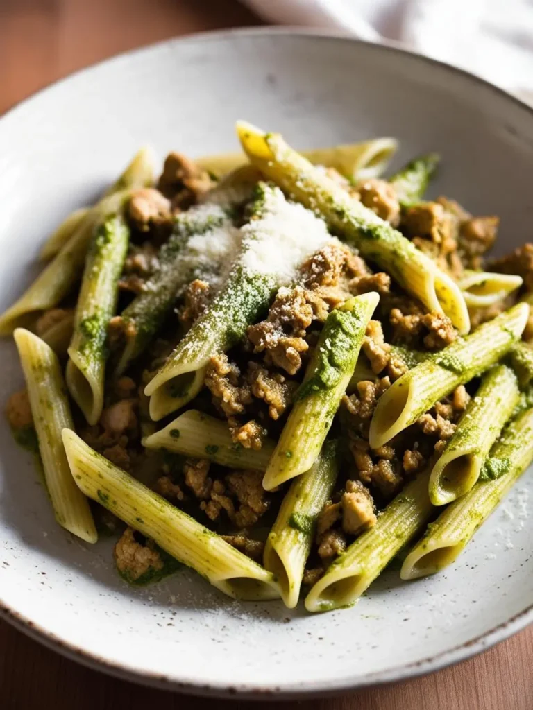 A plate of penne pasta tossed in a creamy pesto sauce with ground turkey and topped with grated Parmesan cheese. The pasta looks delicious and flavorful.