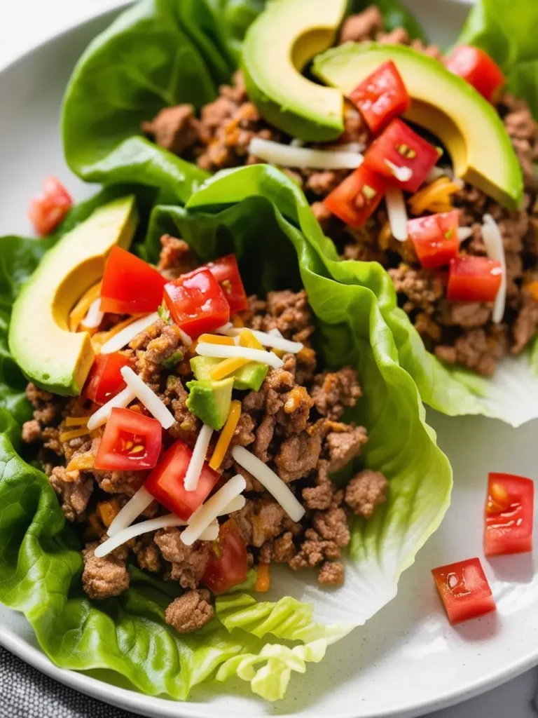 Lettuce wraps filled with seasoned ground turkey, topped with avocado, tomatoes, and shredded cheese. The wraps look fresh, healthy, and flavorful.