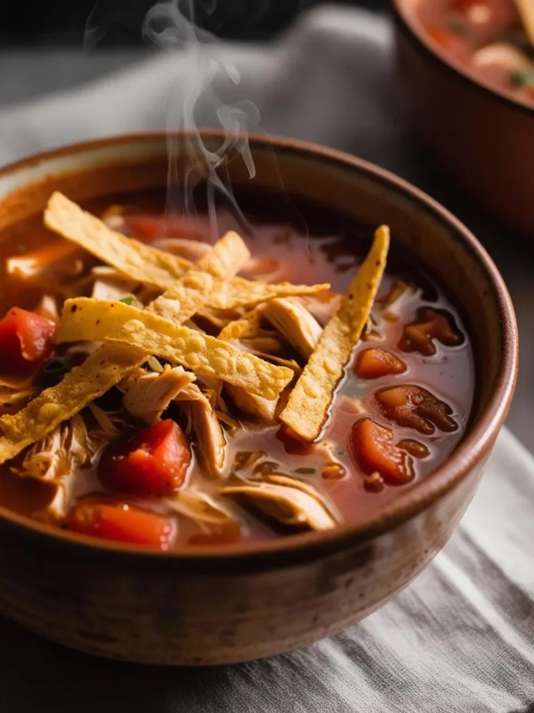 A steaming bowl of chicken tortilla soup with crispy tortilla strips, tomatoes, and shredded chicken. The soup looks flavorful and perfect for a cold day.