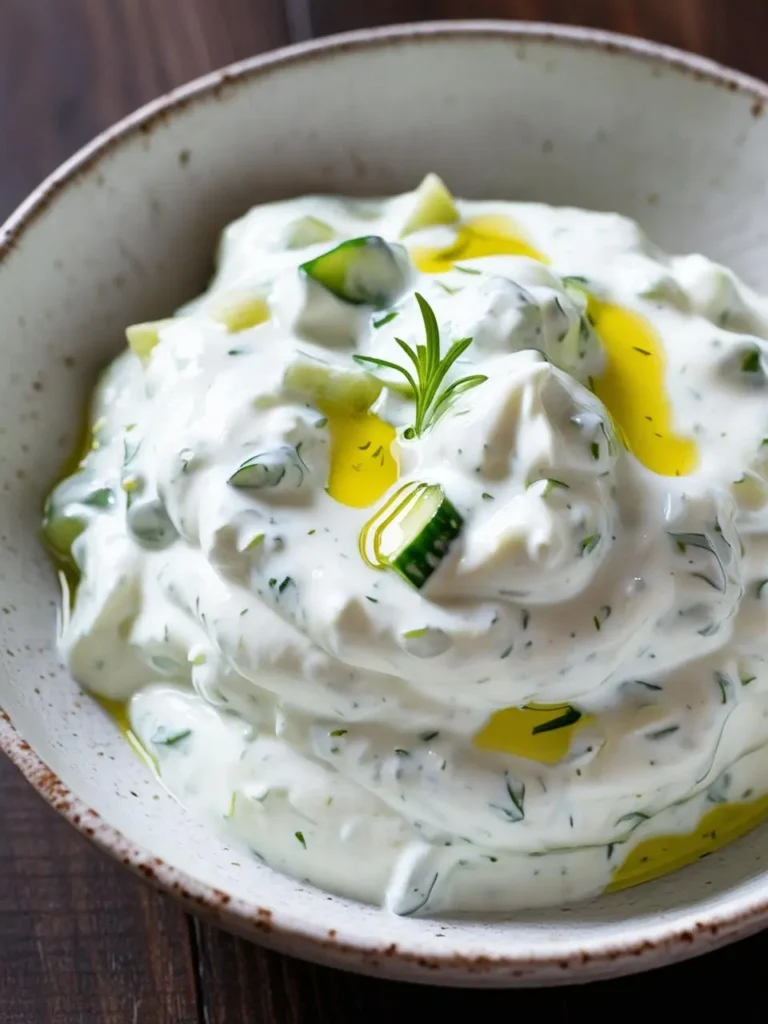 A creamy tzatziki dip with cucumbers, herbs, and olive oil, served in a white bowl on a wooden table.