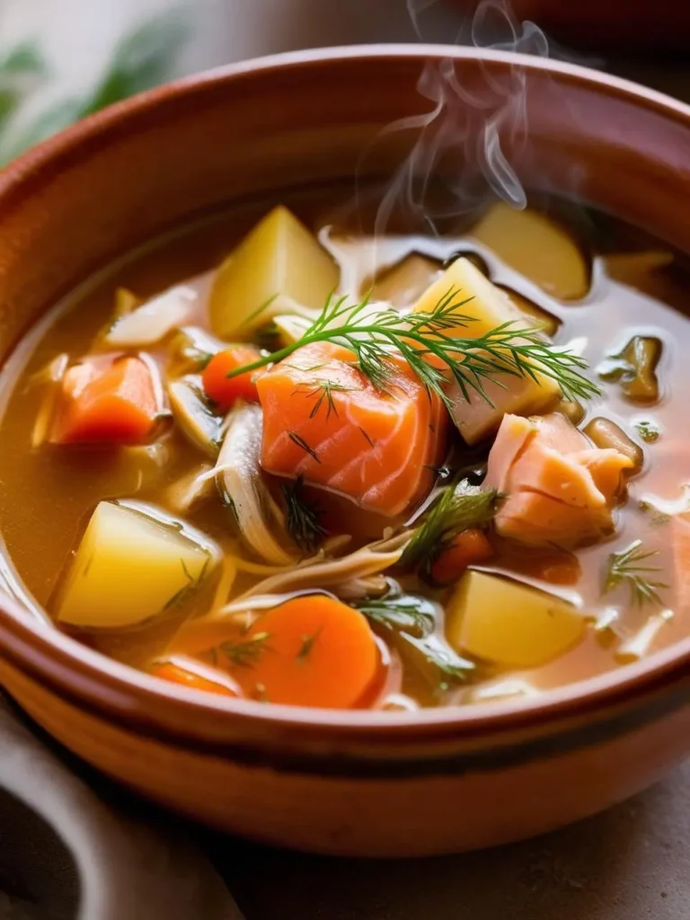 Close-up of a hearty fish soup featuring chunks of salmon, potatoes, and carrots in a clear broth, garnished with fresh dill. This warm and comforting dish showcases vibrant colors and aromatic herbs, perfect for a wholesome meal on a cool day.