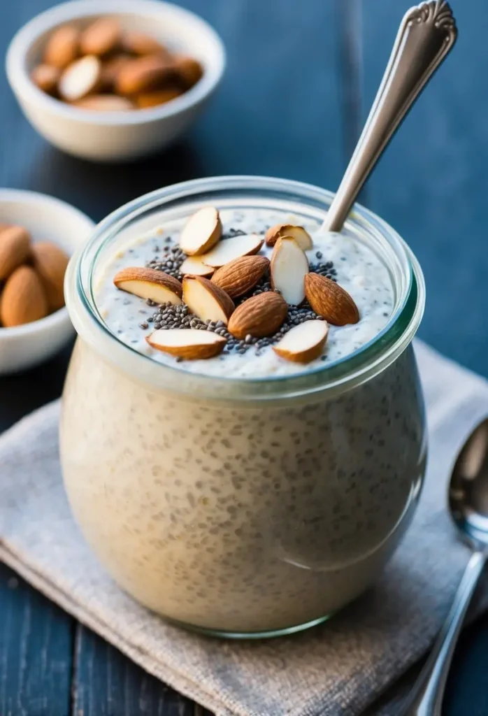 A glass jar filled with creamy vanilla almond chia pudding topped with sliced almonds and a sprinkle of chia seeds