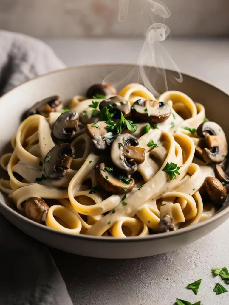 A steaming bowl of fettuccine pasta tossed in a creamy mushroom sauce, topped with fresh parsley. The pasta looks rich, decadent, and perfect for a comforting meal.