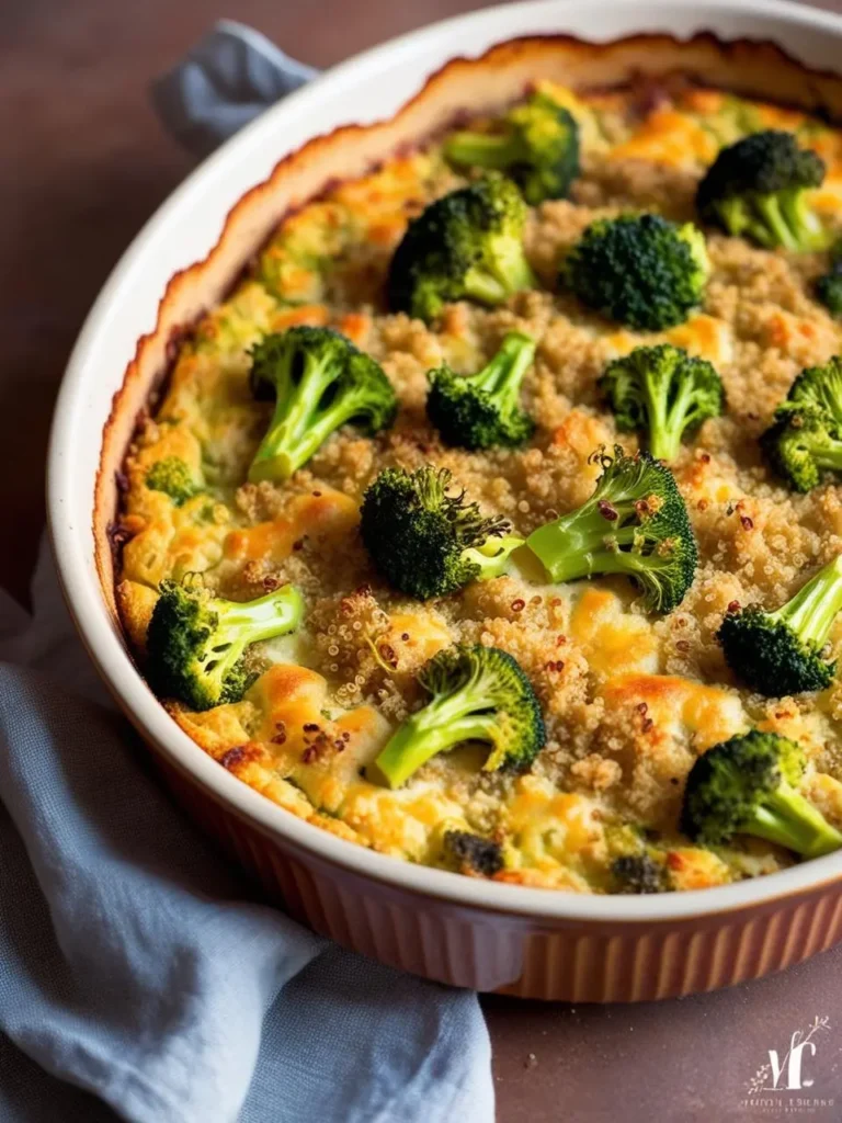 Close-up view of a baked vegan broccoli and quinoa casserole in a round ceramic dish. The casserole features vibrant green broccoli florets atop a golden, crispy quinoa crust, with a textured, slightly browned edge. A soft, folded gray cloth lies beneath the dish, adding a cozy, rustic feel.