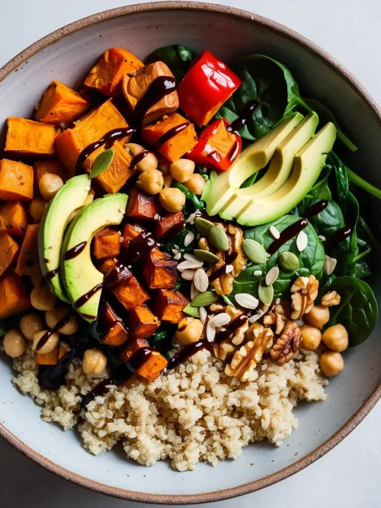 A colorful and nutritious Buddha bowl with roasted sweet potatoes, chickpeas, avocado, spinach, quinoa, and a drizzle of balsamic glaze. The bowl looks delicious and perfect for a healthy and satisfying meal.